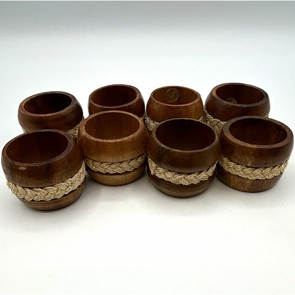 Set of 8 Wood Napkin Rings w/ Braided Jute Band, Brown/Beige Hand Wash Only